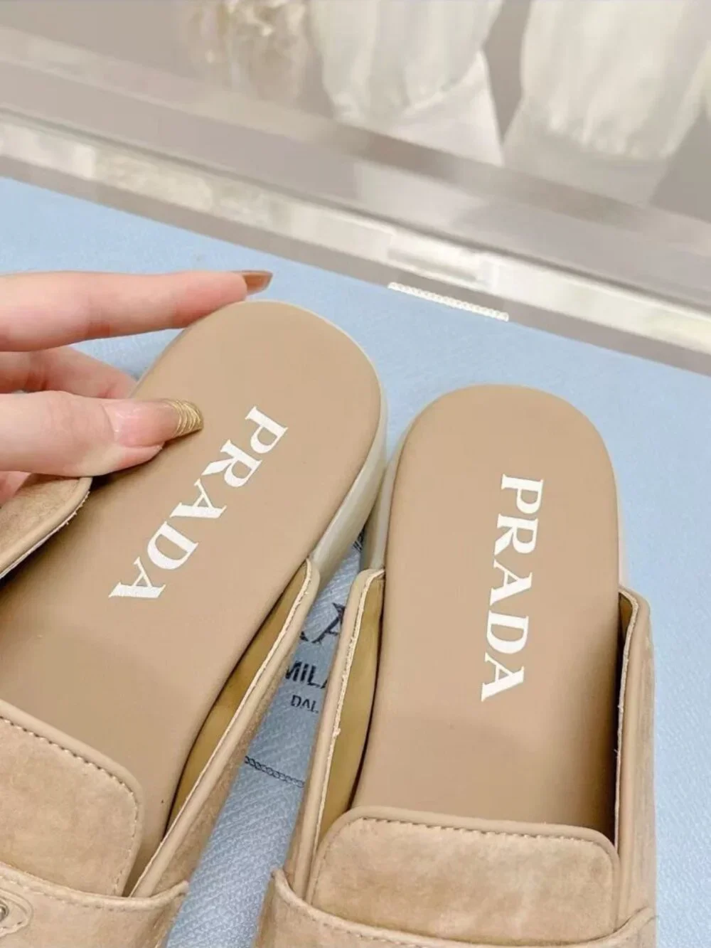 PRADA Beige Suede Triangle Logo Mule Slides